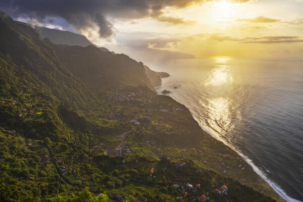 Elevated view from Miradouro da Beira da Quinta over Arco de Sao Jorge at sunset, Santana, Madeira island, Portugal, Europe
