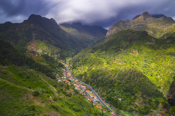 Elevated view from Miradouro Pico da Murta over Lombo do Moleiro, Serra de Agua, Madeira, Portugal, Europe