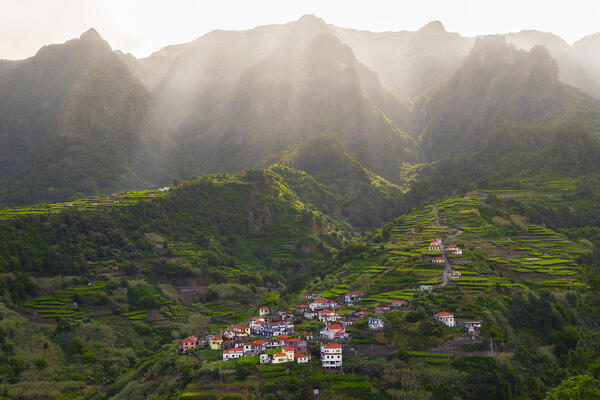 Terracing and mountains at Sao Vicente during sunrise, Madeira, Portugal, Europe