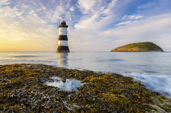 Trwyn Du Lighthouse at sunset, Llangoed, Gwynedd, Anglesey, Wales, Great Britain, United Kingdom