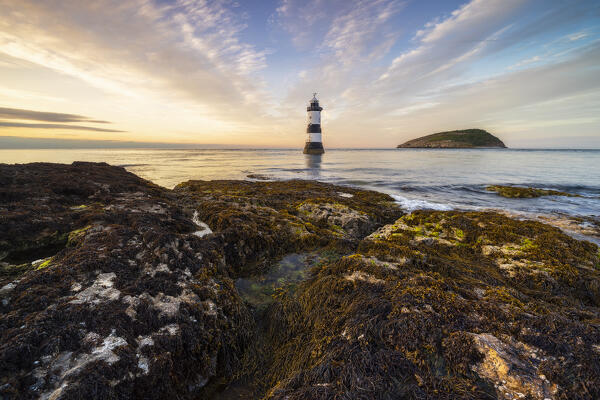 Trwyn Du Lighthouse at sunset, Llangoed, Gwynedd, Anglesey, Wales, Great Britain, United Kingdom