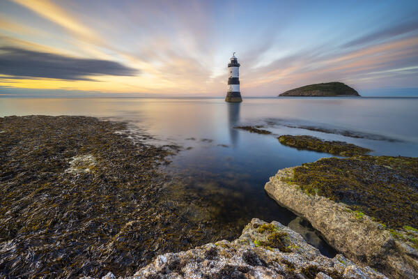 Trwyn Du Lighthouse at sunset, Llangoed, Gwynedd, Anglesey, Wales, Great Britain, United Kingdom