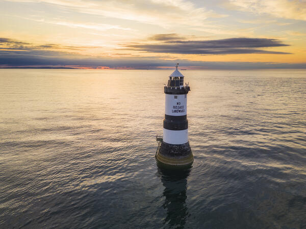 Aerial view of Trwyn Du Lighthouse at sunset, Llangoed, Gwynedd, Anglesey, Wales, Great Britain, United Kingdom