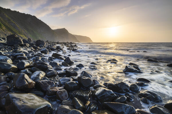 Mouthmill beach and Bideford Bay and Hartland at sunset, Mouthmill, North Devon, England, Great Britain, United Kingdom
