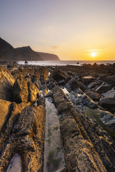 Mouthmill beach and Bideford Bay and Hartland at sunset, Mouthmill, North Devon, England, Great Britain, United Kingdom