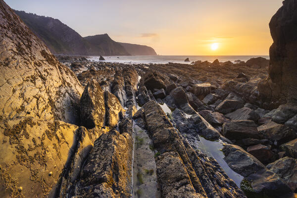 Mouthmill beach and Bideford Bay and Hartland at sunset, Mouthmill, North Devon, England, Great Britain, United Kingdom