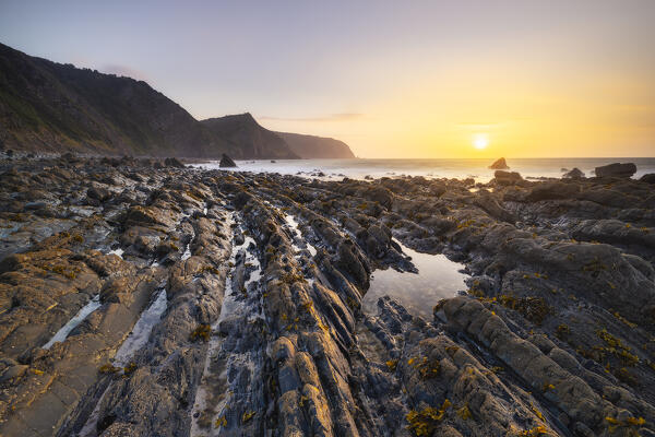 Mouthmill beach and Bideford Bay and Hartland at sunset, Mouthmill, North Devon, England, Great Britain, United Kingdom