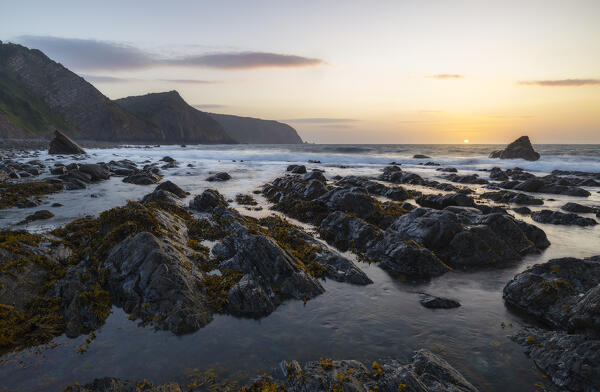 Mouthmill beach and Bideford Bay and Hartland at sunset, Mouthmill, North Devon, England, Great Britain, United Kingdom
