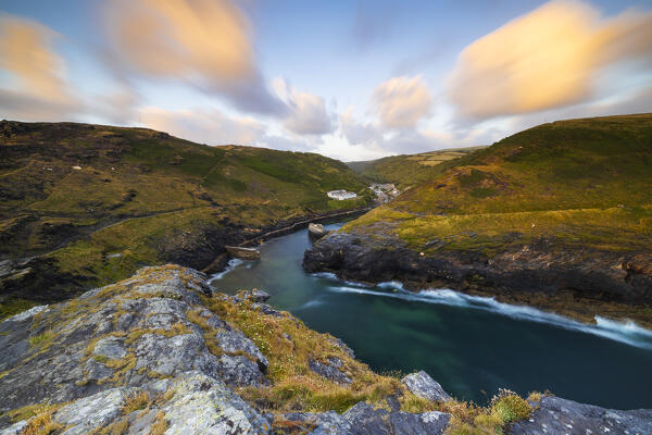 Boscastle town at sunset, Boscastle, Forraburry and Minster, Cornwall, United Kingdom, Northern Europe