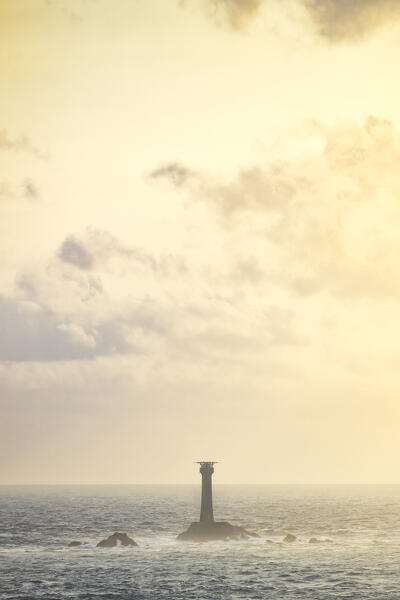 Longships Land’s End Lighthouse at sunset, Penwith peninsula, Cornwall, England, Great Britain, United Kingdom