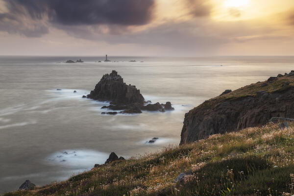 Longships Land’s End Lighthouse at sunset, Penwith peninsula, Cornwall, England, Great Britain, United Kingdom