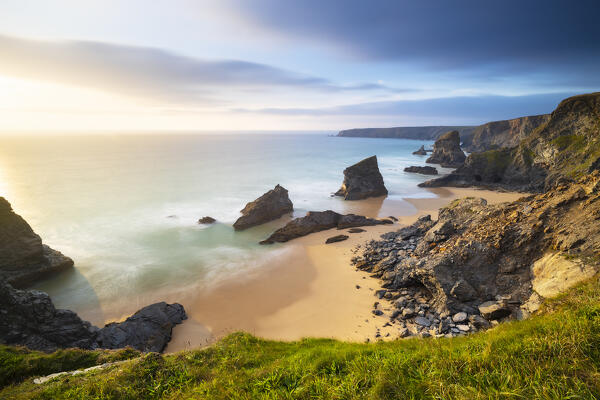 Sunset at Carnewas and Bedruthan Steps, Bedruthan Steps, Newquay, Cornwall, United Kingdom, Northern Europe