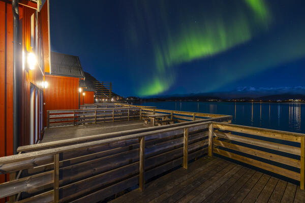 Lofoten Basecamp under Northern Lights, Leknes, Vestvagoy, Nordland, Lofoten Islands, Norway, Northern Europe