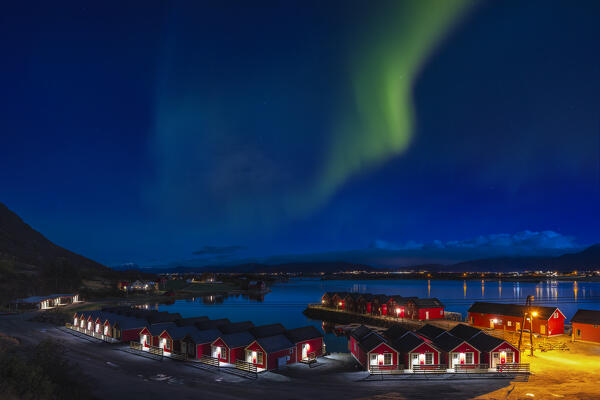 Lofoten Basecamp under Northern Lights, Leknes, Vestvagoy, Nordland, Lofoten Islands, Norway, Northern Europe