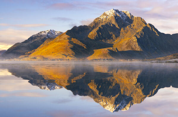 Mountains and reflections during sunset, Leknes, Vestvagoy, Nordland, Lofoten Islands, Norway, Northern Europe