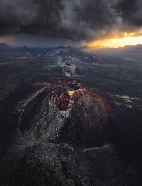 Aerial view of Timanfaya National Park at sunrise, Yaiza, Tinajo, Las Palmas, Lanzarote, Canary Islands, Macaronesia, Spain, Western Europe