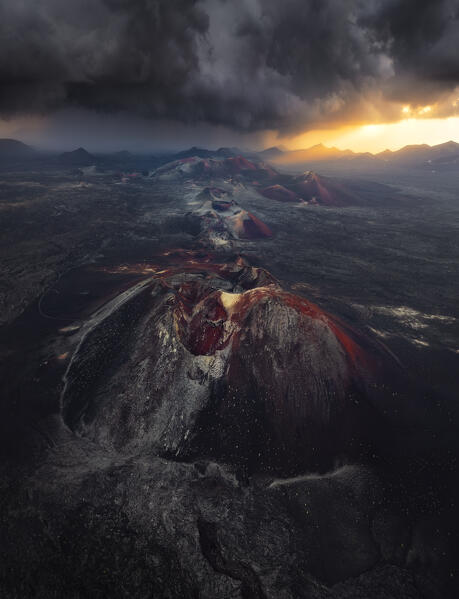 Aerial view of Timanfaya National Park at sunrise, Yaiza, Tinajo, Las Palmas, Canary Islands, Macaronesia, Spain, Western Europe