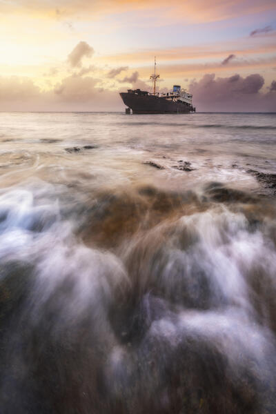 Shipwreck near Arrecife at sunrise, Las Palmas, Lanzarote, Canary Islands, Macaronesia, Spain, Western Europe