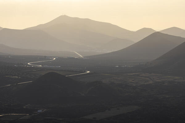 Road through La Geria seen from the summit of Montana Negra, La Geria, Las Palmas, Canary Islands, Macaronesia, Spain, Western Europe