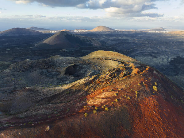 Aerial view of the crater of Caldera Colorada at sunset, Tinajo, Las Palmas, Lanzarote, Canary Islands, Macaronesia, Spain, Western Europe