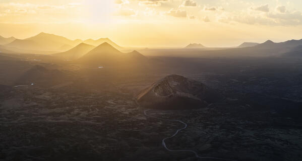 Aerial view of Volcan El Cuervo at sunset, Tinajo, Las Palmas, Canary Islands, Macaronesia, Spain, Western Europe