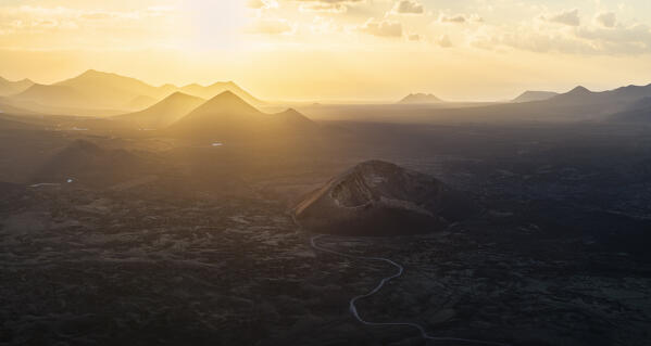 Aerial view of Volcan El Cuervo at sunset, Tinajo, Las Palmas, Lanzarote, Canary Islands, Macaronesia, Spain, Western Europe