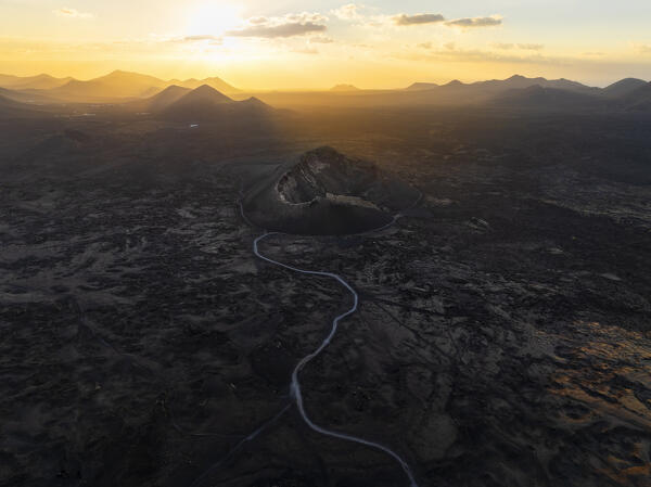 Aerial view of Volcan El Cuervo at sunset, Tinajo, Las Palmas, Canary Islands, Macaronesia, Spain, Western Europe