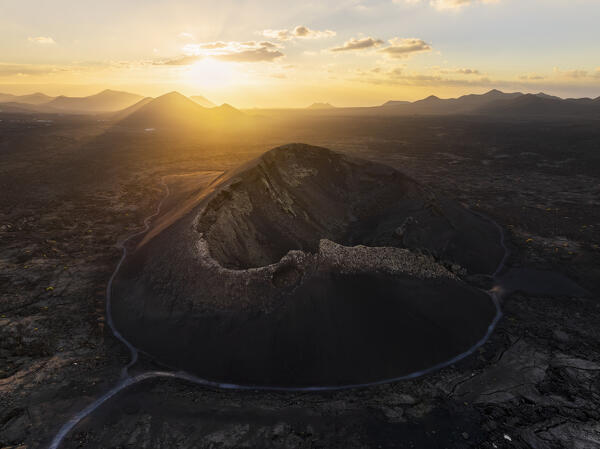 Panoramic and Aerial view of Volcan El Cuervo at sunset, Tinajo, Las Palmas, Canary Islands, Macaronesia, Spain, Western Europe