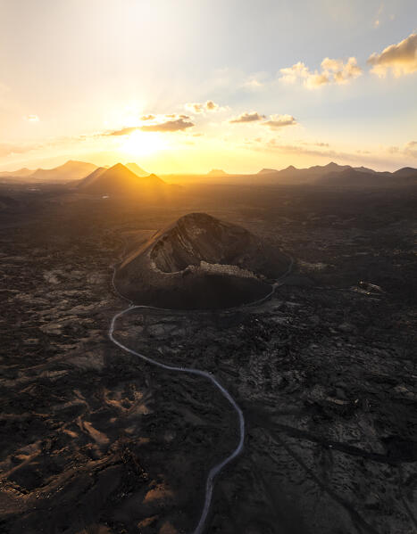 Aerial view of Volcan El Cuervo at sunset, Tinajo, Las Palmas, Canary Islands, Macaronesia, Spain, Western Europe