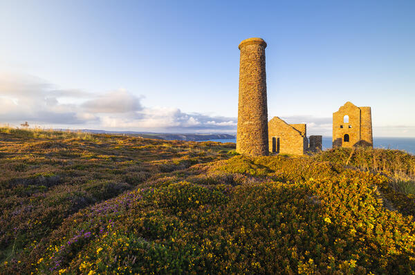 Wheal Coates and Chapel Port Mine during sunrise, Saint Agnes, Cornwall, England, Great Britain, United Kingdom