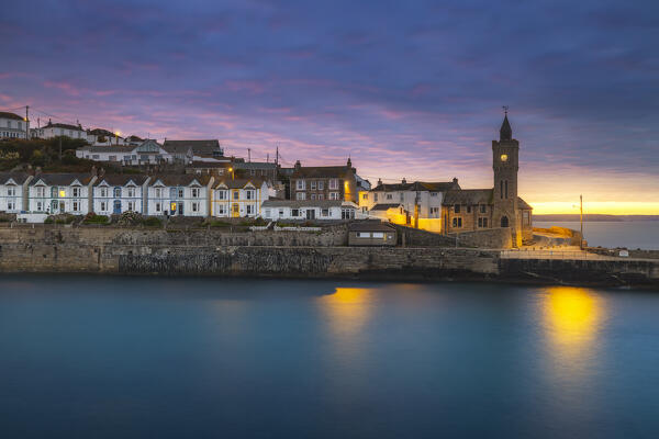 Porthleven illiminated during dusk, Cornwall, England, Great Britain, United Kingdom
