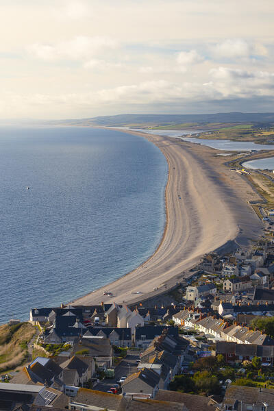 Elevated view of Chesil beach at sunset from Portland hills, Dorset, England, Great Britain, United Kingdom