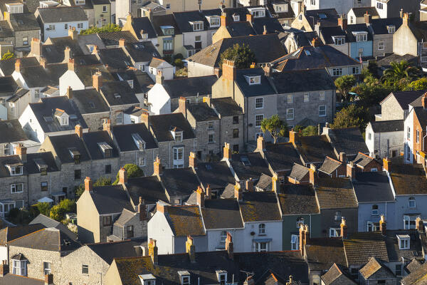Details of houses around Chesil beach at sunset from Portland hills, Dorset, England, Great Britain, United Kingdom