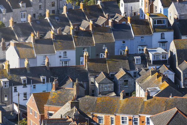 Details of houses around Chesil beach at sunset from Portland hills, Dorset, England, Great Britain, United Kingdom