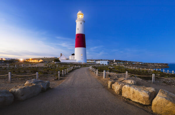 Portland Bill Lighthouse at dusk, Isle of Portland, Dorset, United Kingdom, Northern Europe