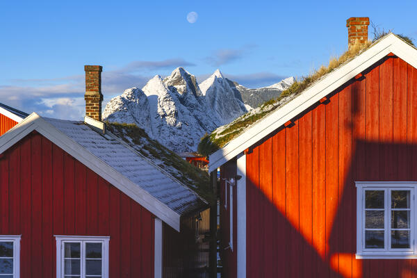 Rorbuer and moon at Reine during winter sunset, Moskenes, Moskenesoya, Nordland, Lofoten, Norway, Northern Europe 