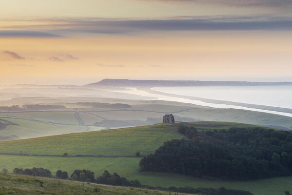 St Catherine’s Chapel and Chesil Beach viewed from hills around Abbotsbury, Dorset, United Kingdom, Northern Europe 