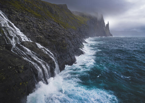 Trollkonufingur or Witches Finger, Sandavagur, Vagar, Faroe Islands, Denmark, Scandinavia