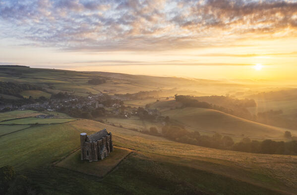 Aerial view of St Catherine’s Chapel and hills around Abbotsbury, Dorset, United Kingdom, Northern Europe 