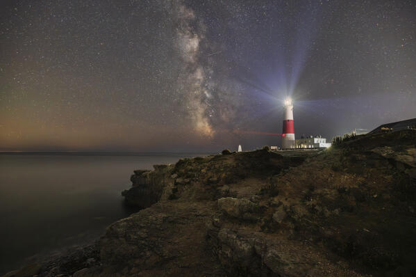Portland Bill Lighthouse at night with Milky Way, Isle of Portland, Dorset, United Kingdom, Northern Europe