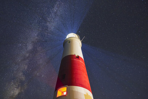 Portland Bill Lighthouse at night with Milky Way, Isle of Portland, Dorset, United Kingdom, Northern Europe