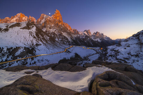 Enrosadira at Pale di San Martino from Cavallazza, Parco Naturale Paneveggio Pale di San Martino, Lagorai chain, Trento, Trentino Alto Adige, Italy, Southern Europe