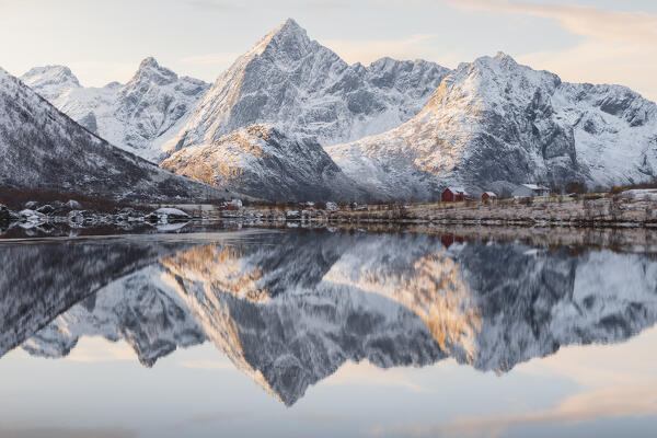 Reflections of mountains in Storvatnet near Vareid, Flakstad, Moskenesoya, Nordland, Lofoten Islands, Norway, Northern Europe 