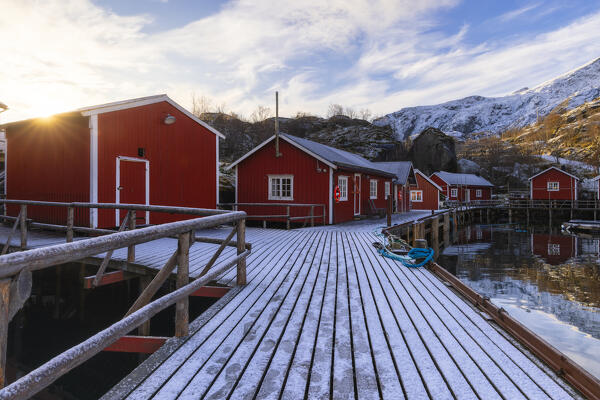 Rorbuer in Nusfjord during winter, Flakstad, Flakstadoya, Nordland, Lofoten Islands, Norway, Northern Europe