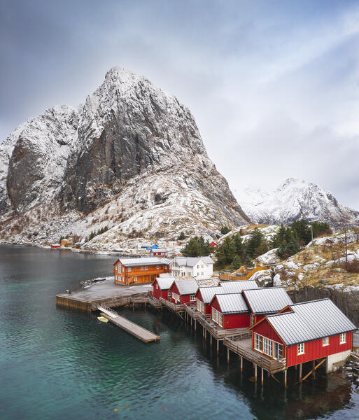 Aerial view of Hamnoy, Moskenes, Moskenesoya, Nordland, Lofoten, Norway, Northern Europe