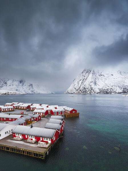 Aerial view of Hamnoy, Moskenes, Moskenesoya, Nordland, Lofoten, Norway, Northern Europe