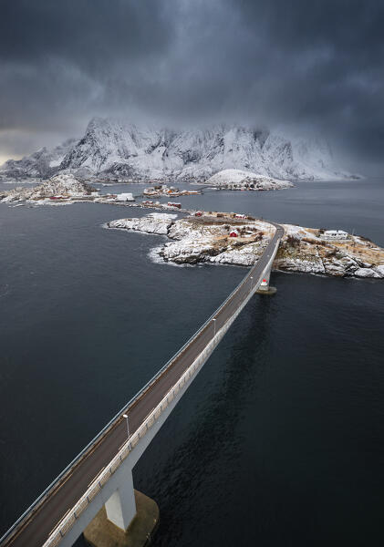 Aerial view of Sakrisoya, bridge and mountains around Reine, Moskenes, Moskenesoya, Nordland, Lofoten, Norway, Northern Europe