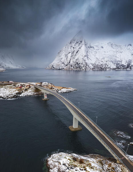 Aerial view of Sakrisoya, bridge and Olstinden mountain, Moskenes, Moskenesoya, Nordland, Lofoten, Norway, Northern Europe