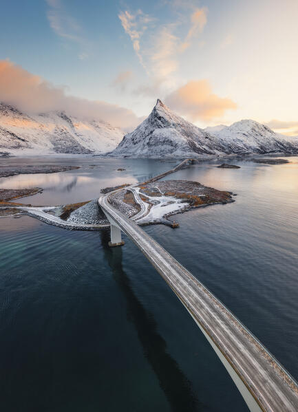 Aerial view of Fredvang bridges, Fredvang, Flakstad, Moskenesøya, Nordland, Norway, Northern Europe