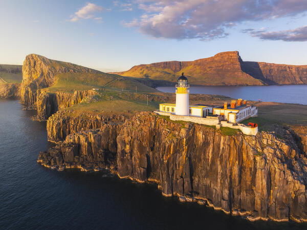 Aerial view during sunset at Neist Point lighthouse, Isle of Skye, Inner Hebrides, Highlands, Scotland, United Kingdom